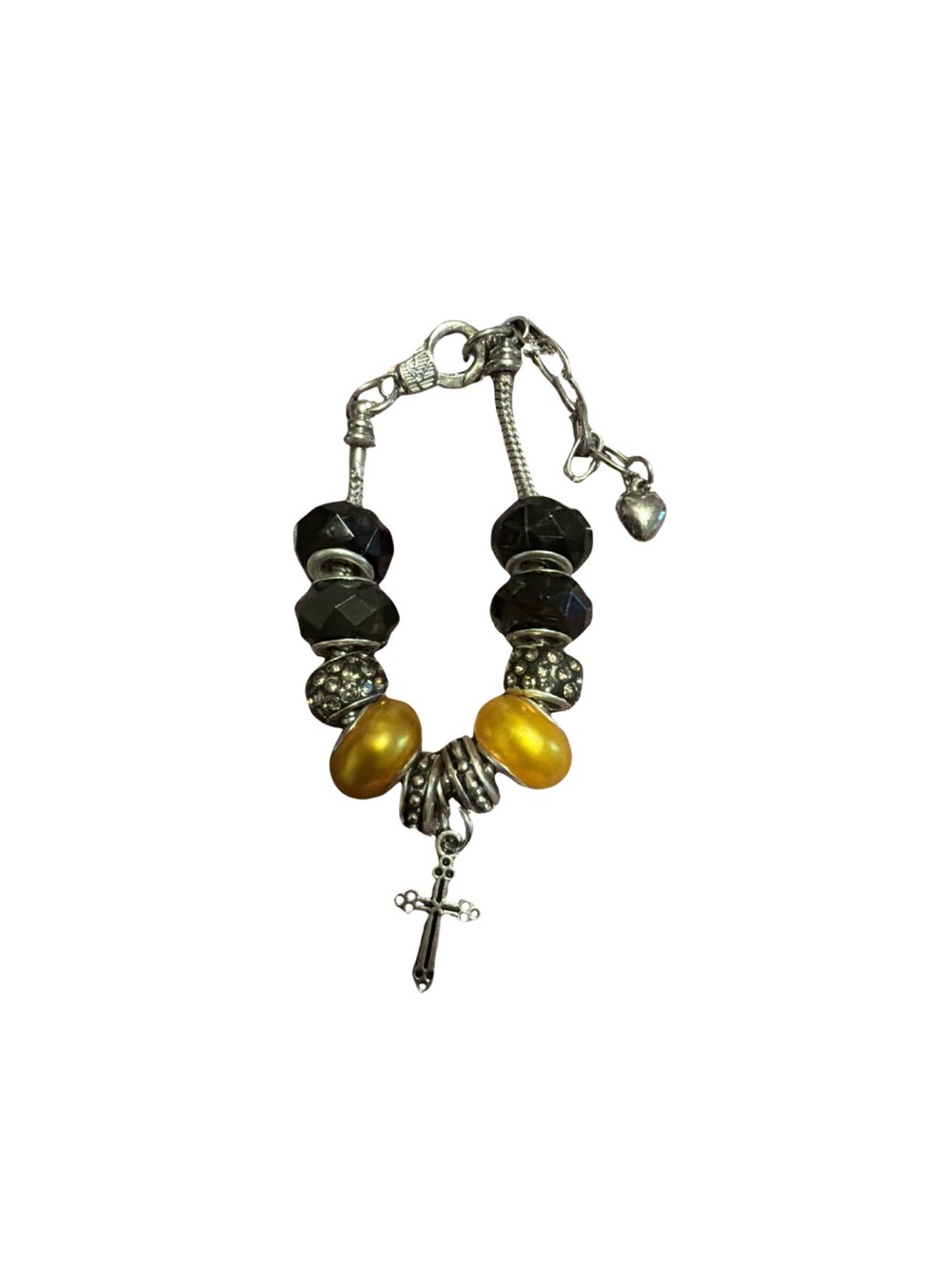 Silver Charm Bracelet with Black Beads and Golden Accents